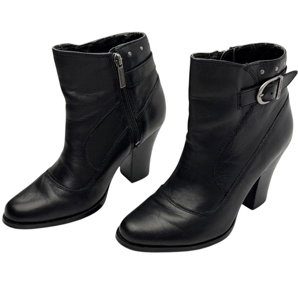 Harley-Davidson Women's 6.5 Black Leather Ankle Boots Heeled Zip Buckle D83534